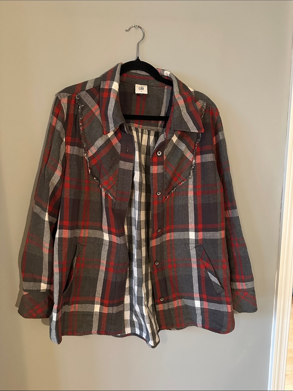CAbi Plaid Button-Front Shacket in Gray, Red & White